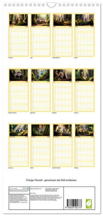 Produktbild: Familienplaner 2026 - Putzige Tierwelt - gemeinsam die Welt entdecken mit 5 Spalten (Wandkalender, 21 x 45 cm) CALVENDO