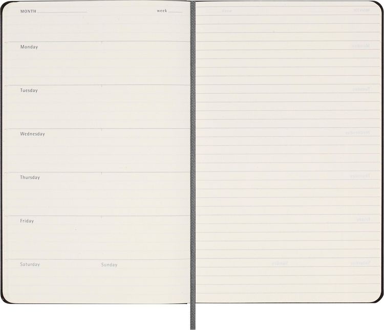 Produktbild: Moleskine undatierter Wochen Notizkalender, L/A5, 1 Wo = 1 Seite, Rechts linierte Seite, Fester Einband mit Textpr&auml;gung gold, Schwarz