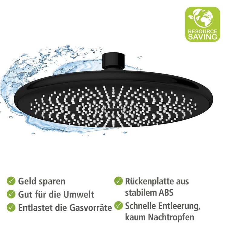 Produktbild: Regenduschkopf Watersaving Schwarz, &Oslash; 22,5 cm