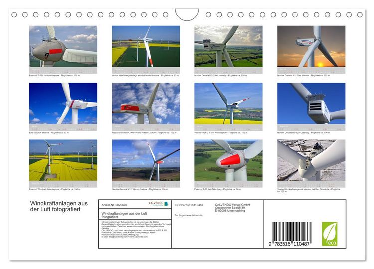Produktbild: Windkraftanlagen aus der Luft fotografiert (Wandkalender 2026 DIN A4 quer), CALVENDO Monatskalender