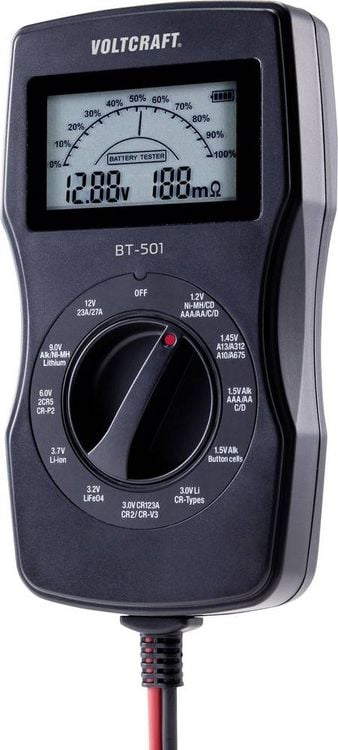 Produktbild: VOLTCRAFT Batterietester BT-501 Messbereich (Batterietester) 1,2 V, 1,5 V, 3 V, 6 V, 3,7 V, 9 V, 12 V Batterie, Akku BT-501