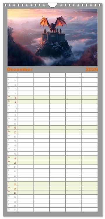 Produktbild: Familienplaner 2026 - Drachent&auml;nzer - Bildgeschichten aus dem Mittelalter mit 5 Spalten (Wandkalender, 21 x 45 cm) CALVENDO