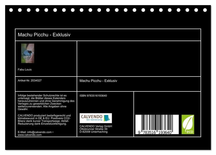 Produktbild: Machu Picchu - Exklusiv (Tischkalender 2026 DIN A5 quer), CALVENDO Monatskalender