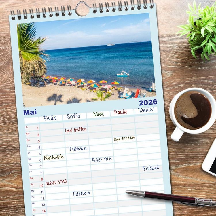 Produktbild: Familienplaner 2026 - Insel Kos - Str&auml;nde mit 5 Spalten (Wandkalender, 21 x 45 cm) CALVENDO