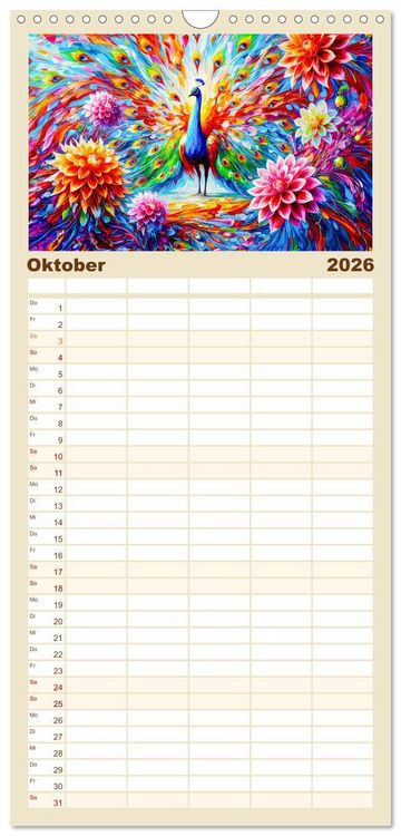 Produktbild: Familienplaner 2026 - Tanz der Pfauen - Jahreszeiten in abstrakter Eleganz mit 5 Spalten (Wandkalender, 21 x 45 cm) CALVENDO