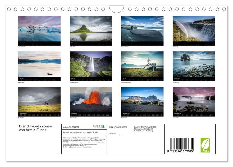 Produktbild: Island Impressionen von Armin Fuchs (Wandkalender 2026 DIN A4 quer), CALVENDO Monatskalender
