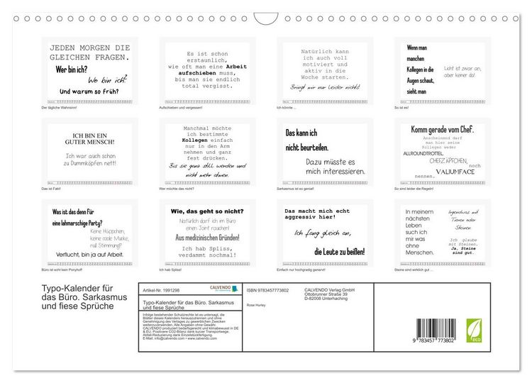 Produktbild: Typo-Kalender f&uuml;r das B&uuml;ro. Sarkasmus und fiese Spr&uuml;che (Wandkalender 2026 DIN A3 quer), CALVENDO Monatskalender