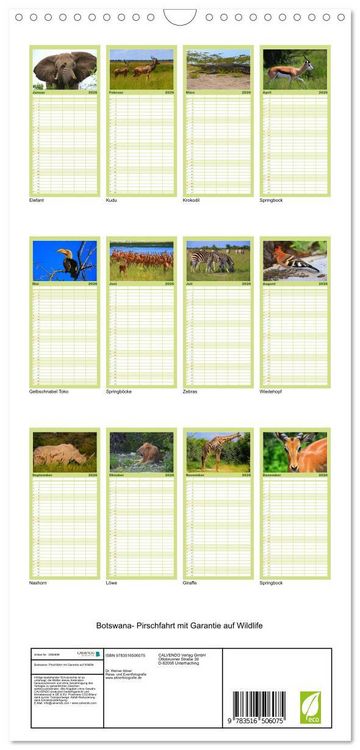 Produktbild: Familienplaner 2026 - Botswana- Pirschfahrt mit Garantie auf Wildlife mit 5 Spalten (Wandkalender, 21 x 45 cm) CALVENDO