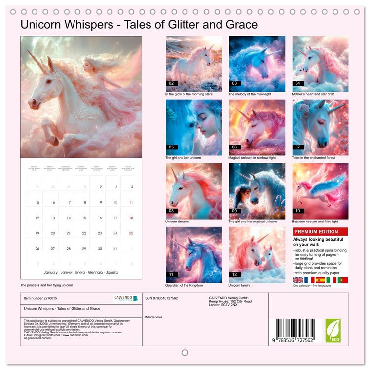 Produktbild: Unicorn Whispers - Tales of Glitter and Grace (Wall Calendar 2026 12 &times; 12 Inch) CALVENDO 12 Month Wall Calendar