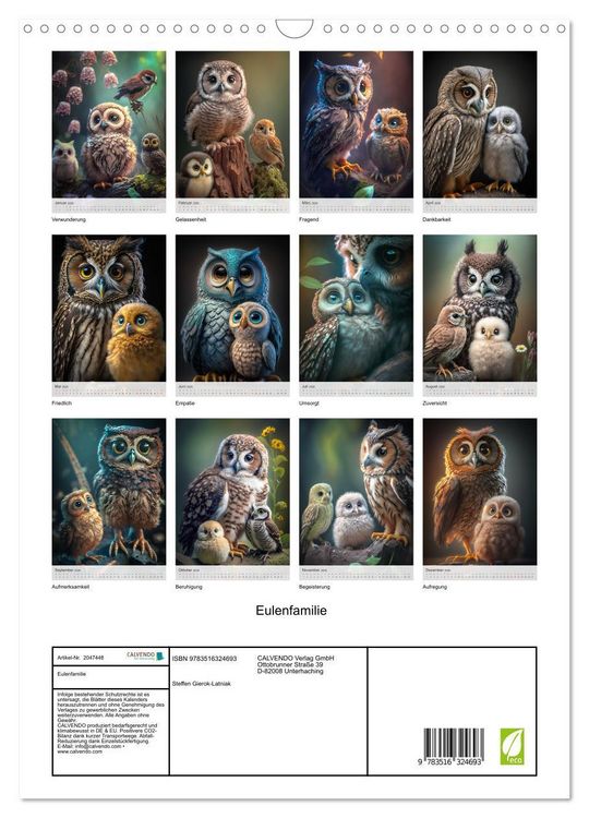Produktbild: Eulenfamilie (Wandkalender 2026 DIN A3 hoch), CALVENDO Monatskalender