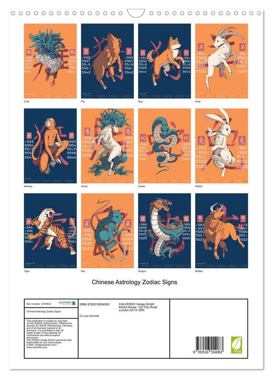 Produktbild: Chinese Astrology Zodiac Signs (Wall Calendar 2026 DIN A3 portrait), CALVENDO 12 Month Wall Calendar