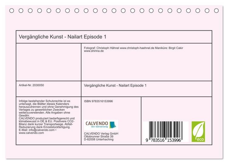 Produktbild: Verg&auml;ngliche Kunst - Nailart Episode 1 (Tischkalender 2026 DIN A5 quer), CALVENDO Monatskalender