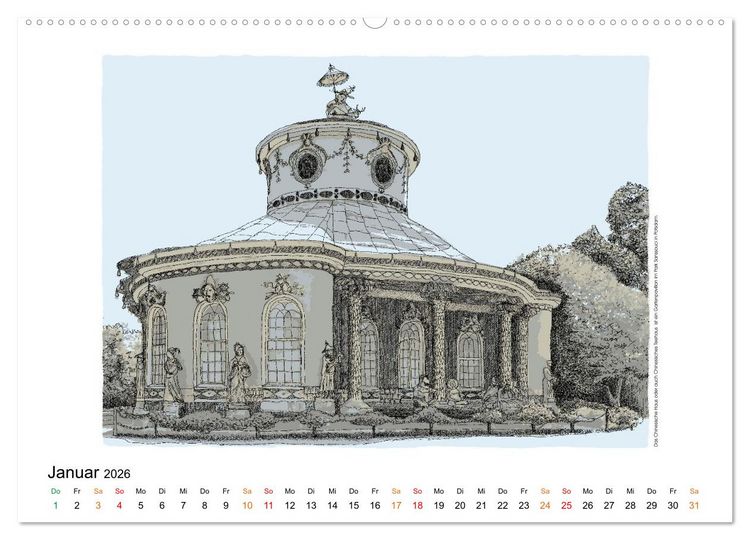 Produktbild: Potsdamer Sehensw&uuml;rdigkeiten in Ink und Farbe (Wandkalender 2026 DIN A2 quer), CALVENDO Monatskalender