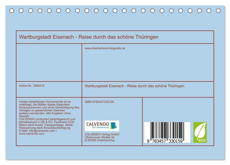 Produktbild: Wartburgstadt Eisenach - Reise durch das sch&ouml;ne Th&uuml;ringen (Tischkalender 2026 DIN A5 quer), CALVENDO Monatskalender