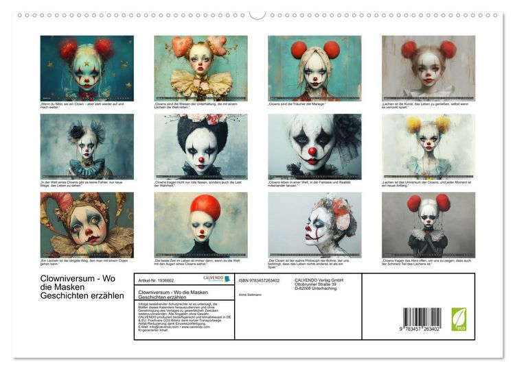 Produktbild: Clowniversum - Wo die Masken Geschichten erz&auml;hlen (hochwertiger Premium Wandkalender 2026 DIN A2 quer), Kunstdruck in Hochglanz