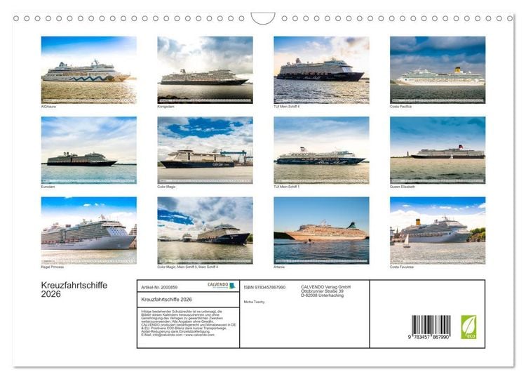 Produktbild: Kreuzfahrtschiffe 2026 (Wandkalender 2026 DIN A3 quer), CALVENDO Monatskalender
