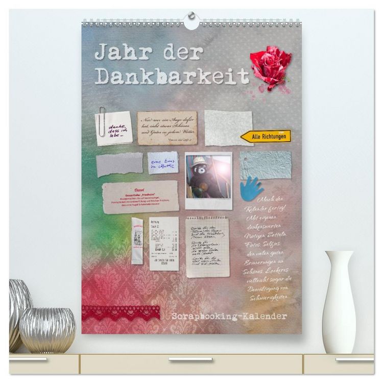 Produktbild: Jahr der Dankbarkeit &ndash; Scrapbooking-Kalender (hochwertiger Premium Wandkalender 2026 DIN A2 hoch), Kunstdruck in Hochglanz