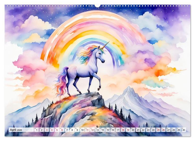 Produktbild: Magische Einh&ouml;rner - Traumlandschaften unterm Regenbogen (hochwertiger Premium Wandkalender 2026 DIN A2 quer), Kunstdruck in Hochglanz
