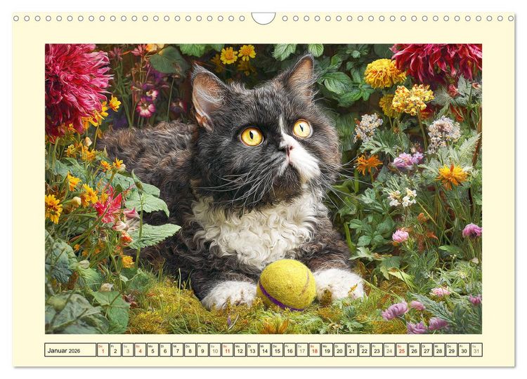 Produktbild: Selkirk Rex Katzen. Lockenzauber im Blumengarten (Wandkalender 2026 DIN A3 quer), CALVENDO Monatskalender