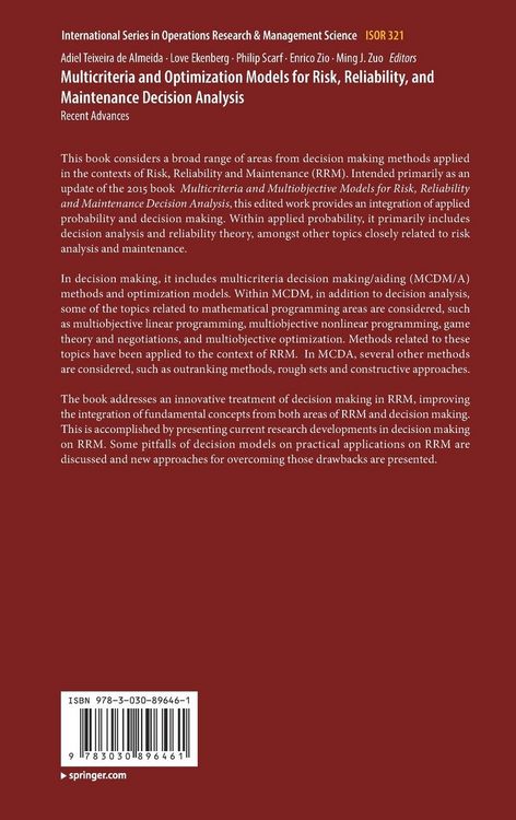 Produktbild: Multicriteria and Optimization Models for Risk, Reliability, and Maintenance Decision Analysis