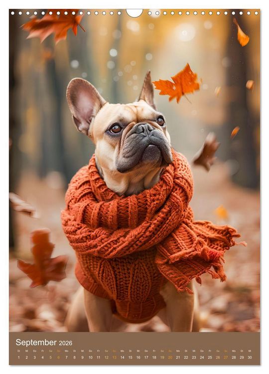 Produktbild: Frenchie Couture - Franz&ouml;sische Bulldoggen in Strick-Chic (Wandkalender 2026 DIN A3 hoch), CALVENDO Monatskalender