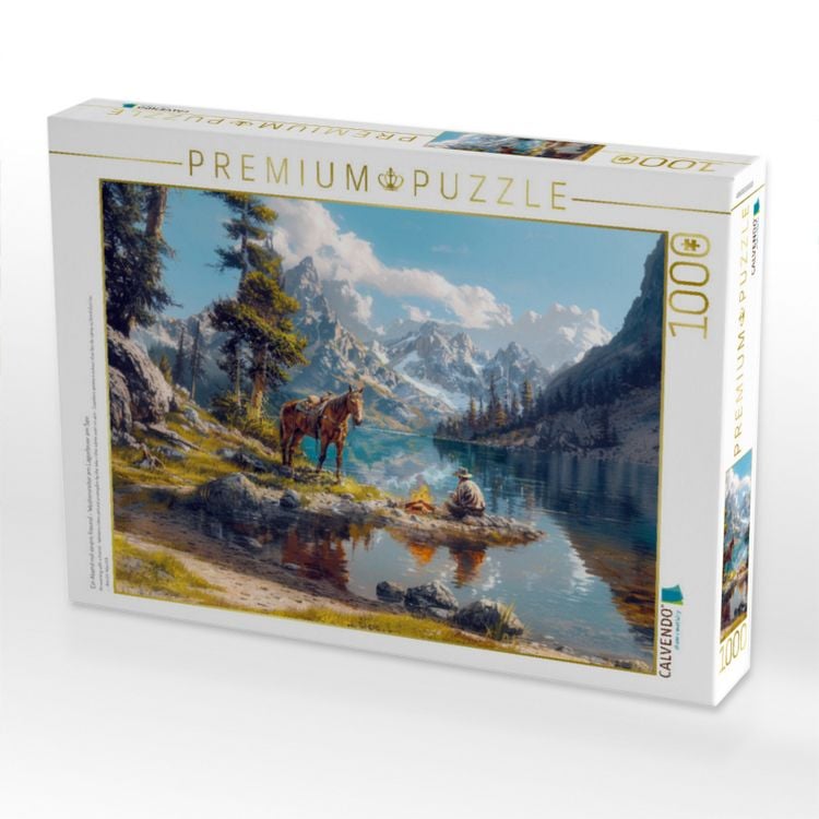 Produktbild: CALVENDO Puzzle Ein Abend mit einem Freund - Westernreiter am Lagerfeuer am See | 1000 Teile Lege-Gr&ouml;&szlig;e 64x48cm Foto-Puzzle f&uuml;r gl&uuml;ckliche Stunden