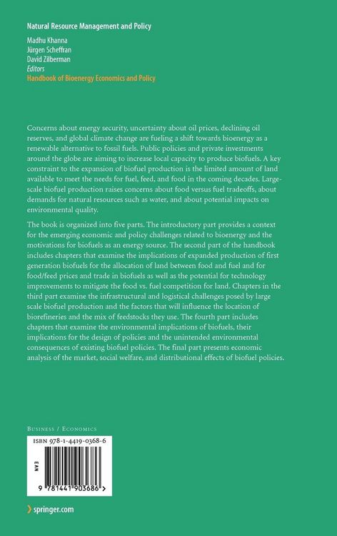 Produktbild: Handbook of Bioenergy Economics and Policy