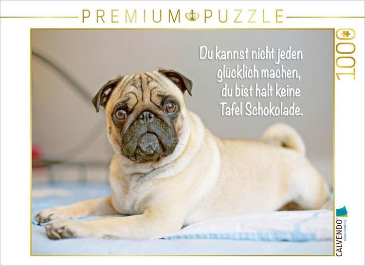 Produktbild: CALVENDO Puzzle Mops Welpe liegt v&ouml;llig relaxed auf dem Bett | 1000 Teile Lege-Gr&ouml;&szlig;e 64x48cm Foto-Puzzle f&uuml;r gl&uuml;ckliche Stunden