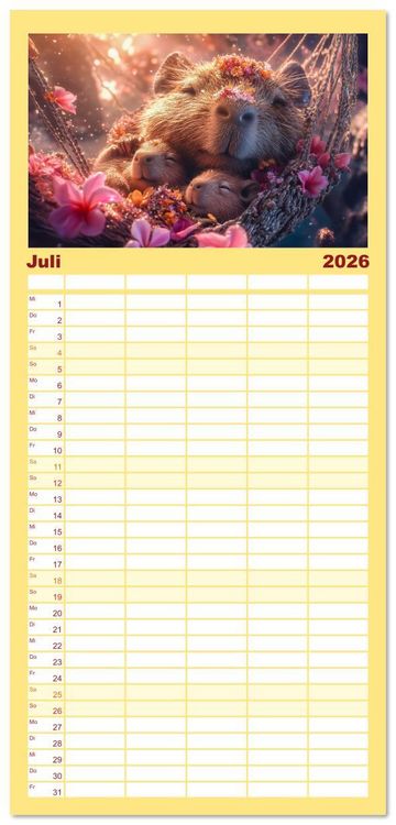 Produktbild: Familienplaner 2026 - Capybara Zeit mit 5 Spalten (Wandkalender, 21 x 45 cm) CALVENDO