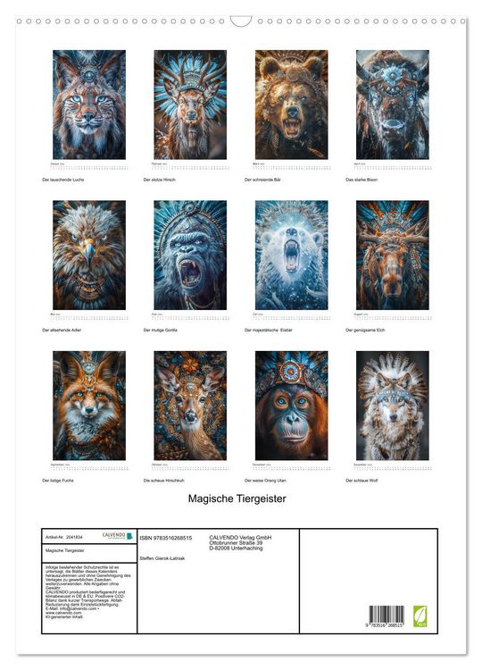Produktbild: Magische Tiergeister (Wandkalender 2026 DIN A2 hoch), CALVENDO Monatskalender