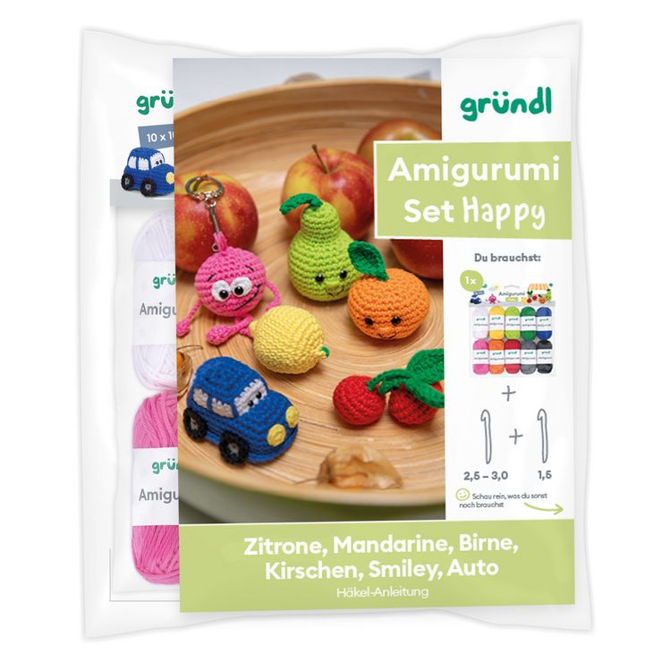 Produktbild: Gr&uuml;ndl Amigurumi H&auml;kel Set Happy: 10 Kn&auml;uel, H&auml;kelnadel 2,5mm + 1,5mm, Anleitung