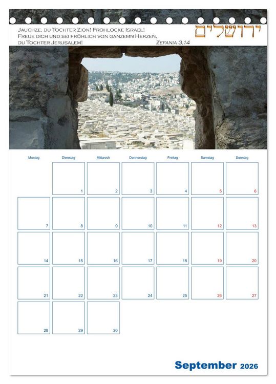 Produktbild: Jerusalem Kalender mit Bibelworten und Planer! (Tischkalender 2026 DIN A5 hoch), CALVENDO Monatskalender