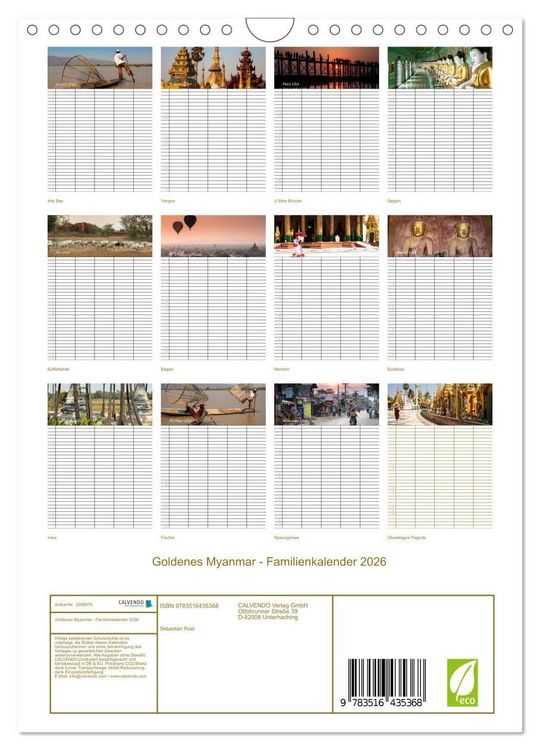Produktbild: Goldenes Myanmar - Familienkalender 2026 (Wandkalender 2026 DIN A4 hoch), CALVENDO Monatskalender
