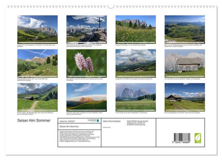 Produktbild: Seiser Alm Sommer (hochwertiger Premium Wandkalender 2026 DIN A2 quer), Kunstdruck in Hochglanz