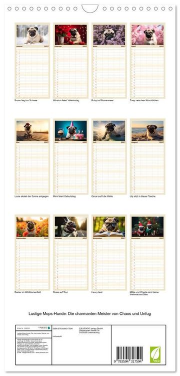 Produktbild: Familienplaner 2027 - Lustige Mops-Hunde: Die charmanten Meister von Chaos und Unfug mit 5 Spalten (Wandkalender, 21 x 45 cm) CALVENDO