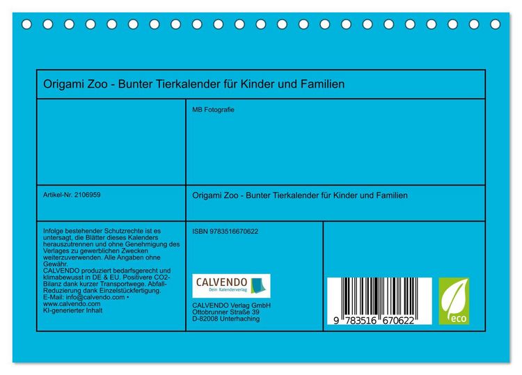 Produktbild: Origami Zoo - Bunter Tierkalender f&uuml;r Kinder und Familien (Tischkalender 2026 DIN A5 quer), CALVENDO Monatskalender