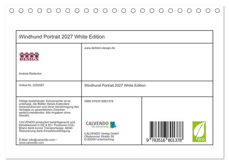 Produktbild: Windhund Portrait 2027 White Edition (Tischkalender 2027 DIN A5 quer), CALVENDO Monatskalender