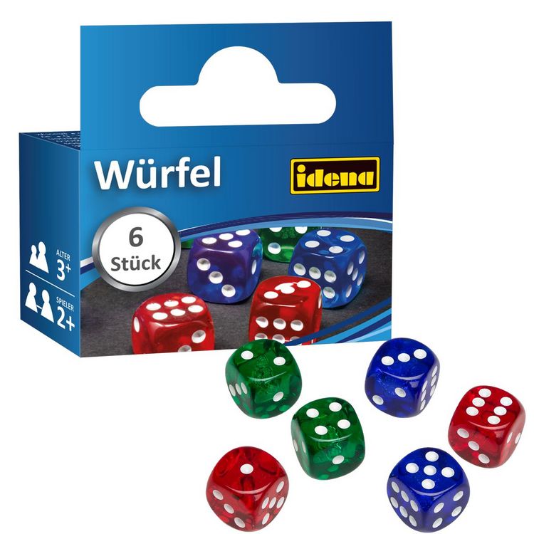 Produktbild: Idena W&uuml;rfel Kunststoff rot/gr&uuml;n/blau 16mm 6 St&uuml;ck