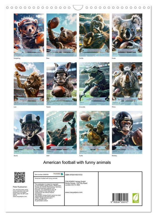Produktbild: American football with funny animals (Wall Calendar 2026 DIN A3 portrait), CALVENDO 12 Month Wall Calendar
