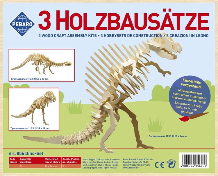 Produktbild: PEBARO 856 - Holzbausatz Dinosaurier-Set, Brontosaurus, Tyrannosaurus, Ouranosaurus, 3 Holzkontruktionen zum Zusammenstecken