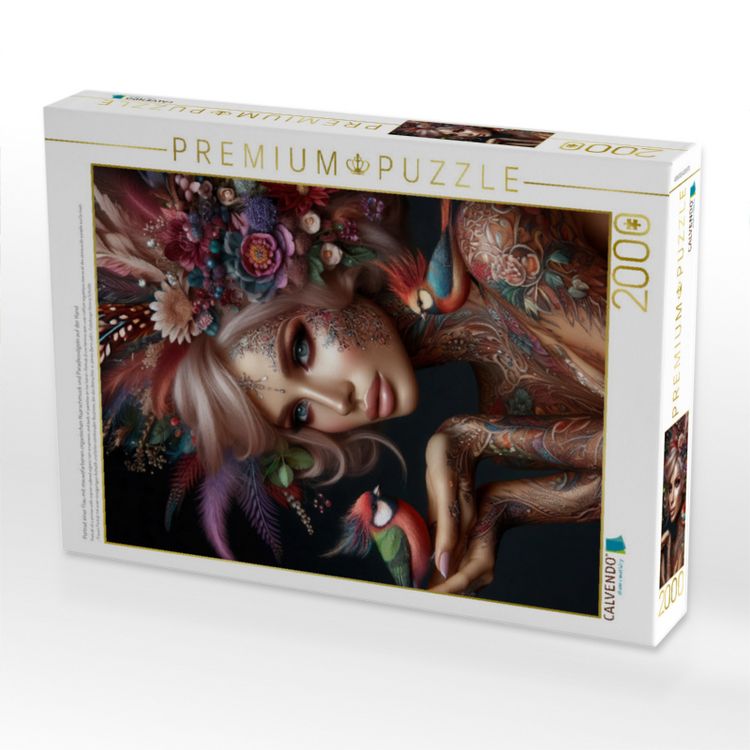 Produktbild: CALVENDO Puzzle Portrait einer Frau mit mauvefarbenen organischen Haarschmuck und Paradiesv&ouml;geln auf der Hand | 2000 Teile Lege-Gr&ouml;&szlig;e 90x67cm Foto-Puz