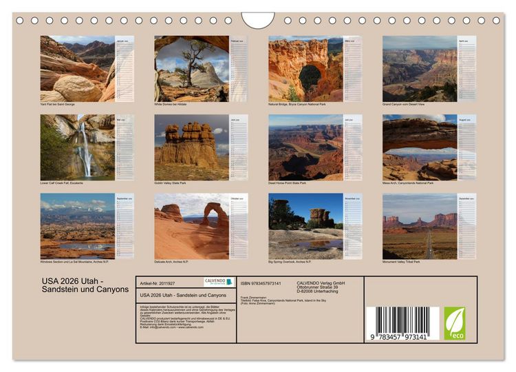 Produktbild: USA 2026 Utah - Sandstein und Canyons (Wandkalender 2026 DIN A4 quer), CALVENDO Monatskalender