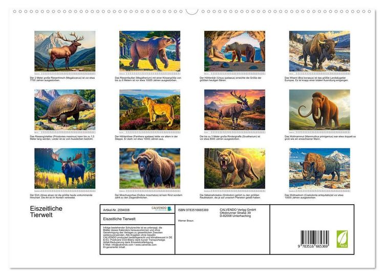 Produktbild: Eiszeitliche Tierwelt (hochwertiger Premium Wandkalender 2026 DIN A2 quer), Kunstdruck in Hochglanz
