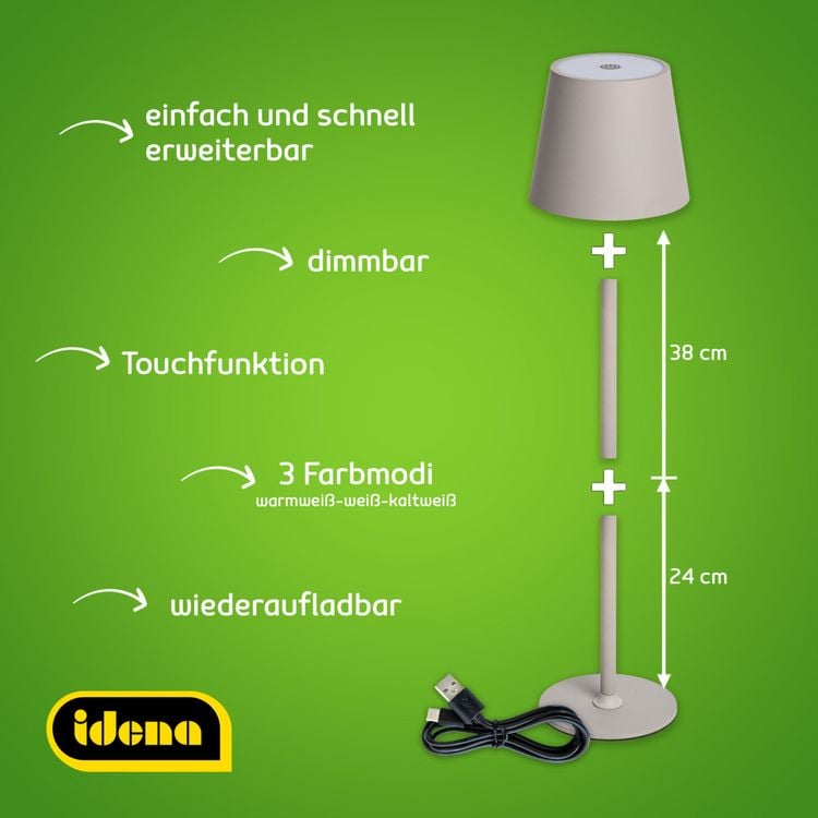 Produktbild: Idena LED Tischleuchte Touch Metall grau 11x24/38cm Akku USB dimmbar 3 Modi Innen und Au&szlig;en
