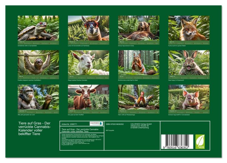 Produktbild: Tiere auf Gras - Der verr&uuml;ckte Cannabis-Kalender voller bekiffter Tiere (Wandkalender 2026 DIN A4 quer), CALVENDO Monatskalender