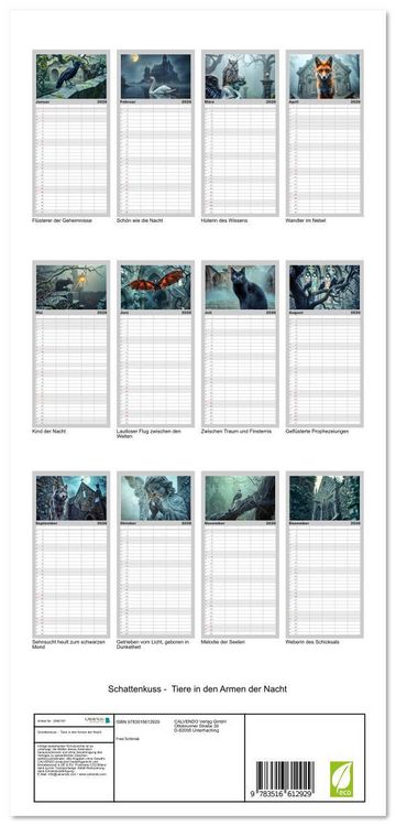 Produktbild: Familienplaner 2026 - Schattenkuss - Tiere in den Armen der Nacht mit 5 Spalten (Wandkalender, 21 x 45 cm) CALVENDO
