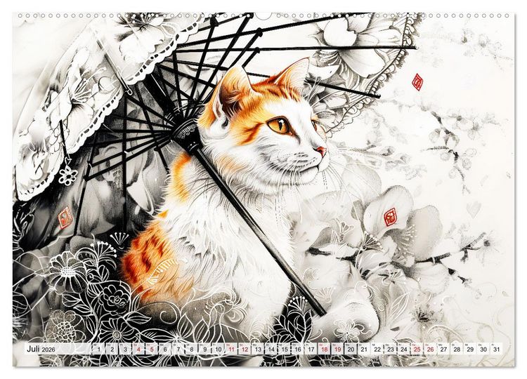 Produktbild: Geisha-Katzen - Mit Bl&uuml;ten, Schirm und Bambus im Japanstil (hochwertiger Premium Wandkalender 2026 DIN A2 quer), Kunstdruck in Hochglanz
