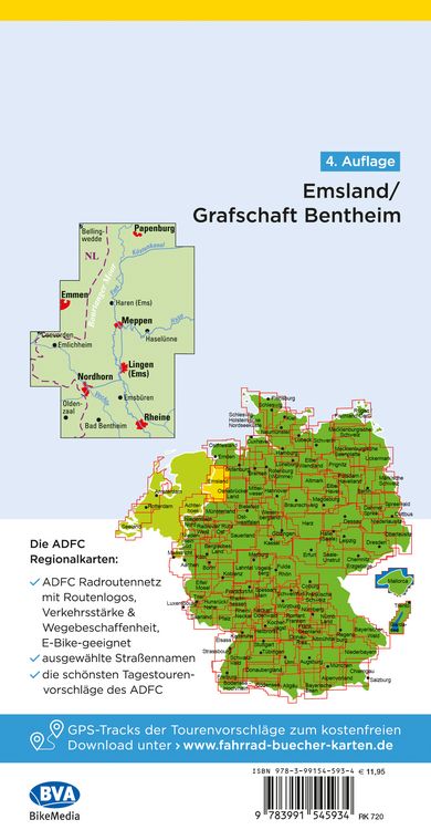 Produktbild: BVA ADFC Regionalkarte Emsland, Grafschaft Bentheim mit Knotenpunkten 1:75.000