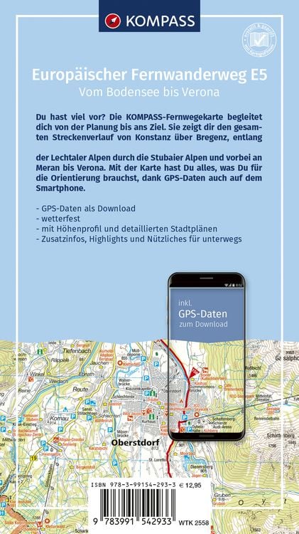 Produktbild: KOMPASS Wander-Tourenkarte Europ&auml;ischer Fernwanderweg E5 Alpen&uuml;berquerung vom Bodensee bis Verona 1:50.000
