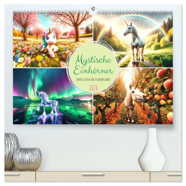 Produktbild: Mystische Einh&ouml;rner - Jahreszeiten im Einhornland (hochwertiger Premium Wandkalender 2026 DIN A2 quer), Kunstdruck in Hochglanz